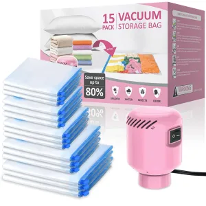 15 Pack Vacuum Storage Bags with Electric Pump, New Air Valve Space Saver Bags (3 Jumbo, 3 Large, 3 Medium, 3 Small, 3 Roll Up Bags) Travel Vacuum Bags Vacuum Seal Bags for Clothes, Bedding,Duvets