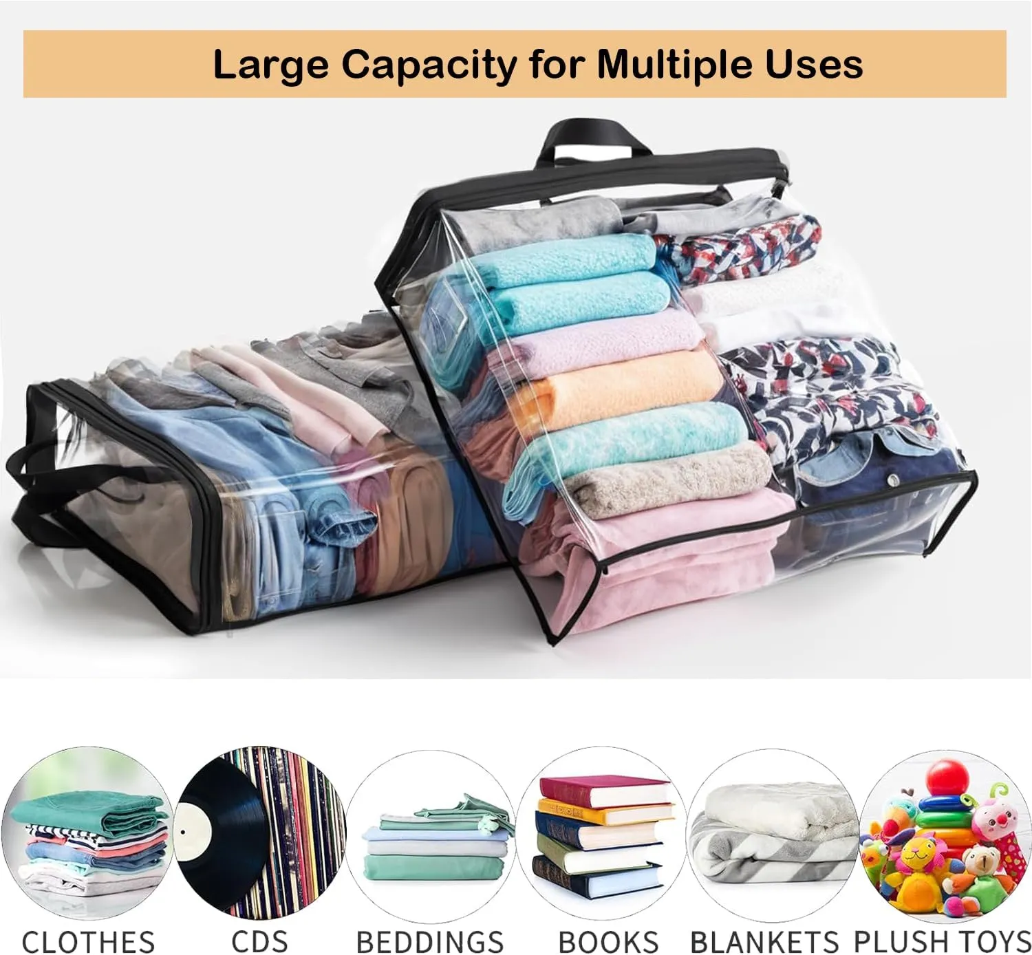 5-Pack Clear Zippered Storage Bags for Clothes, Blankets & Toys - 22L Transparent Organizers with Handles, Transparency Design for Bedding, Linen, Comforters, Closet & Travel Storage (Black)
