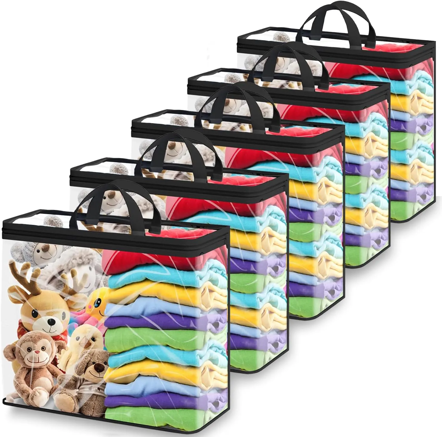 5-Pack Clear Zippered Storage Bags for Clothes, Blankets & Toys - 22L Transparent Organizers with Handles, Transparency Design for Bedding, Linen, Comforters, Closet & Travel Storage (Black)