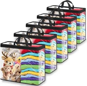 5-Pack Clear Zippered Storage Bags for Clothes, Blankets & Toys - 22L Transparent Organizers with Handles, Transparency Design for Bedding, Linen, Comforters, Closet & Travel Storage (Black)