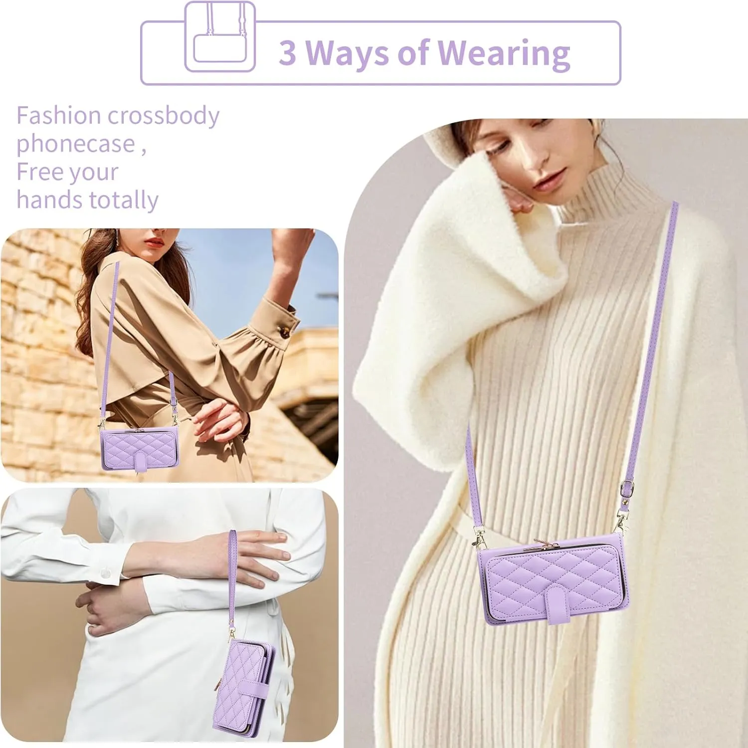 Argyle Wallet Case for iPhone 13 Mini 5.4 inch Wrist Strap Shoulder Strap Card Slots Zipper Purse Stand Phone Cover for iPhone13mini i-Phone 13minicase i iPhone13 13mini Women Girls Purple