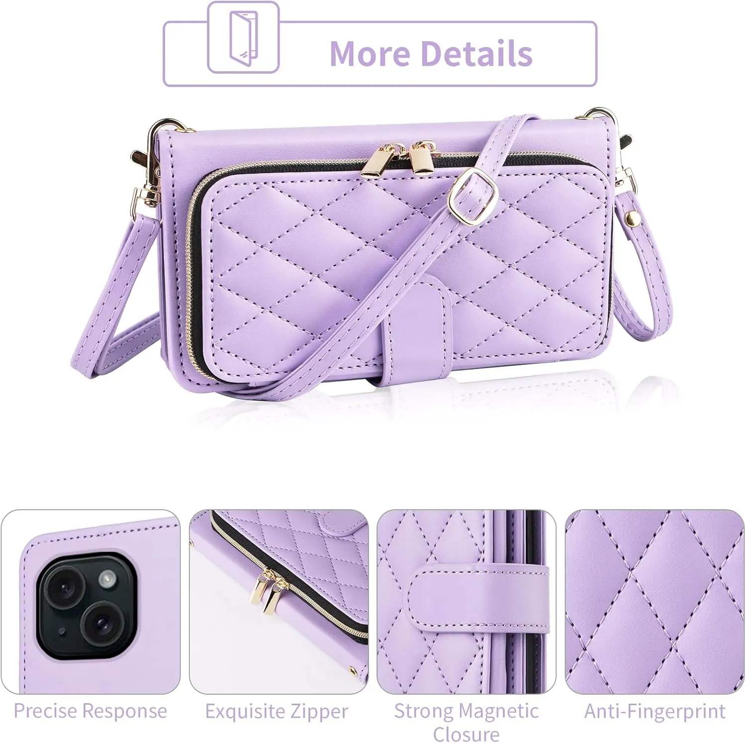 Argyle Wallet Case for iPhone 13 Mini 5.4 inch Wrist Strap Shoulder Strap Card Slots Zipper Purse Stand Phone Cover for iPhone13mini i-Phone 13minicase i iPhone13 13mini Women Girls Purple