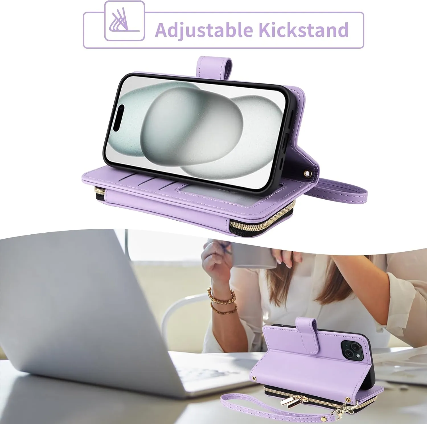 Argyle Wallet Case for iPhone 13 Mini 5.4 inch Wrist Strap Shoulder Strap Card Slots Zipper Purse Stand Phone Cover for iPhone13mini i-Phone 13minicase i iPhone13 13mini Women Girls Purple