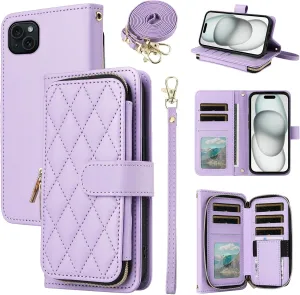 Argyle Wallet Case for iPhone 13 Mini 5.4 inch Wrist Strap Shoulder Strap Card Slots Zipper Purse Stand Phone Cover for iPhone13mini i-Phone 13minicase i iPhone13 13mini Women Girls Purple