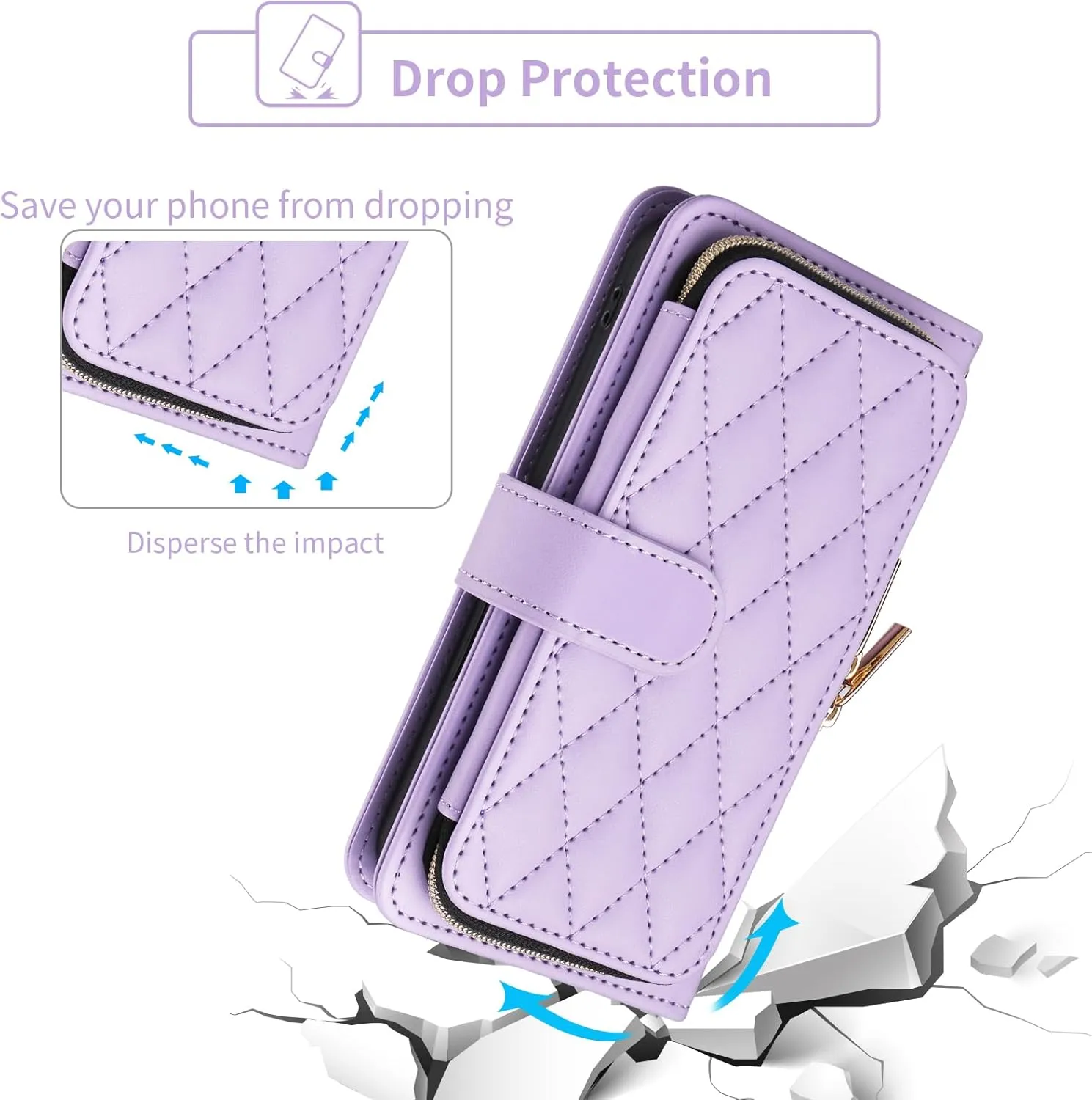 Argyle Wallet Case for iPhone 13 Mini 5.4 inch Wrist Strap Shoulder Strap Card Slots Zipper Purse Stand Phone Cover for iPhone13mini i-Phone 13minicase i iPhone13 13mini Women Girls Purple