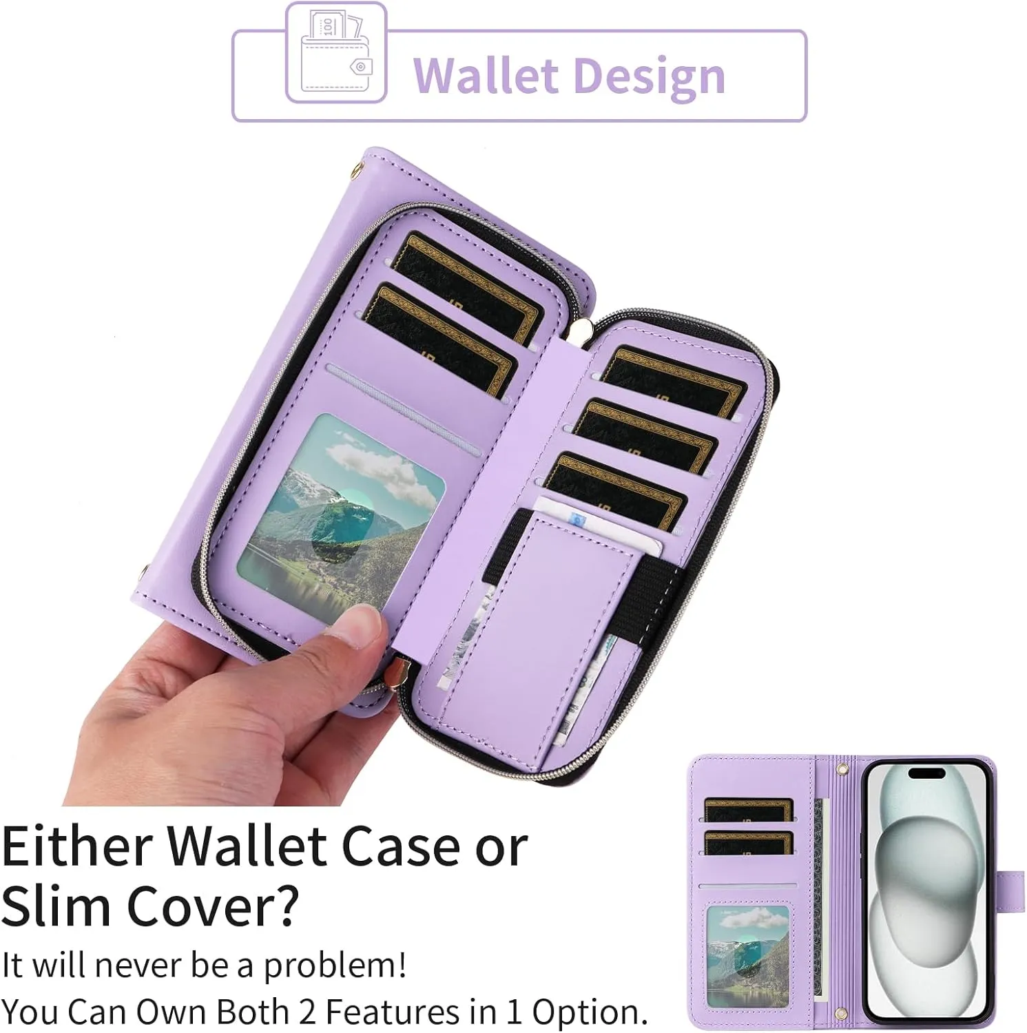 Argyle Wallet Case for iPhone 13 Mini 5.4 inch Wrist Strap Shoulder Strap Card Slots Zipper Purse Stand Phone Cover for iPhone13mini i-Phone 13minicase i iPhone13 13mini Women Girls Purple