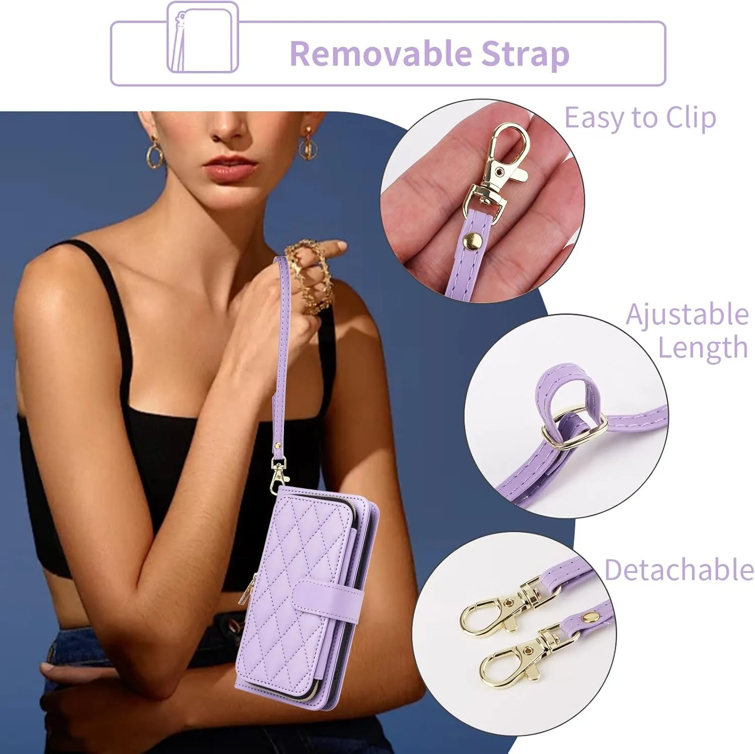 Argyle Wallet Case for iPhone 13 Mini 5.4 inch Wrist Strap Shoulder Strap Card Slots Zipper Purse Stand Phone Cover for iPhone13mini i-Phone 13minicase i iPhone13 13mini Women Girls Purple