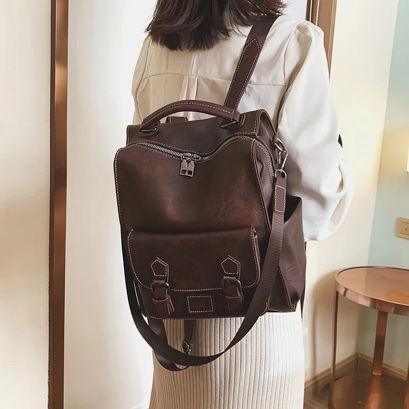 Back to College Preppy Large Capacity Pu Leather Women Backpack Fashion College School Bag Backpacks Vintage Classic Double Shoulder Bag Mochila
