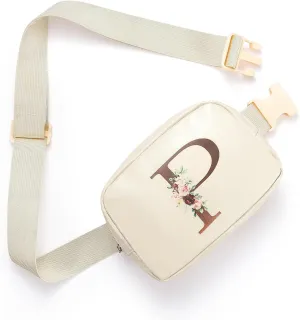 Belt Bag Fanny Pack for Women, Leather Belt Bag with Initial Letter Fashionable Crossbody Bag Waist Bag with Adjustable Strap for Traveling Hiking, Birthday Christmas Gifts for Women Girls Mom (P)