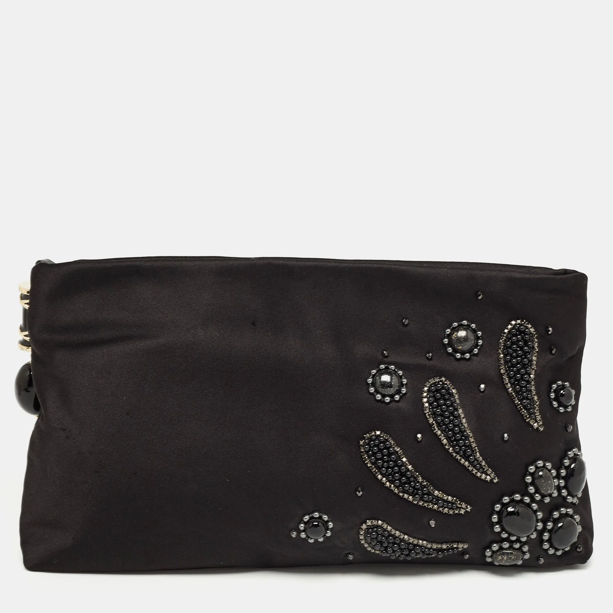 Black Satin Embellished Clutch