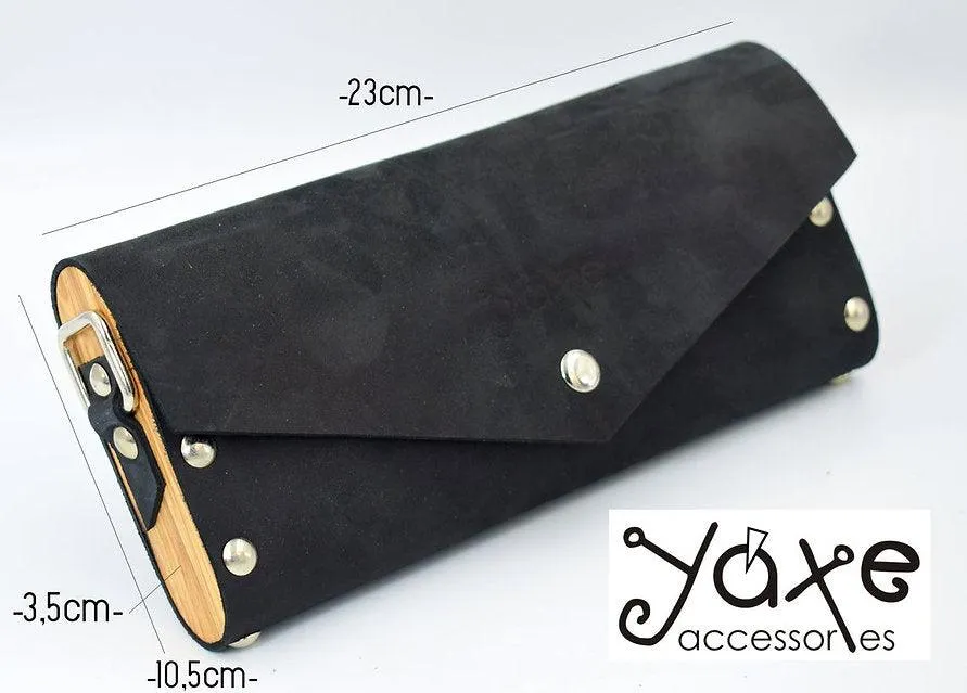 Black small clutch women bag from leather and wood