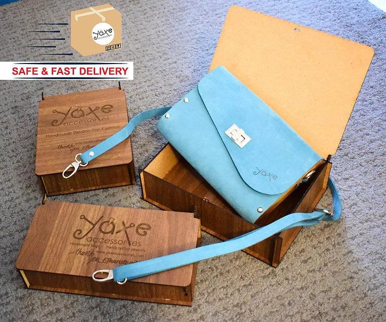 Black small clutch women bag from leather and wood
