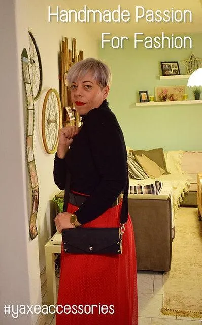 Black small clutch women bag from leather and wood