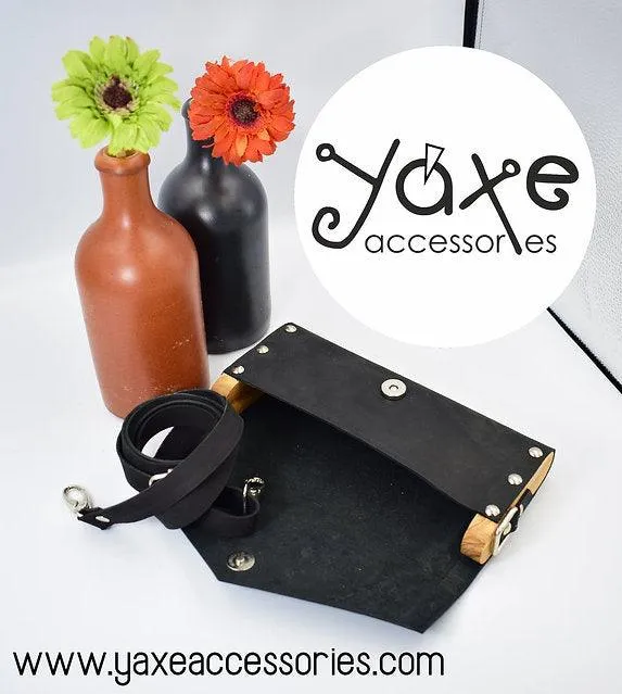 Black small clutch women bag from leather and wood
