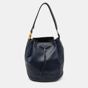 Blue Leather String Bucket Bag