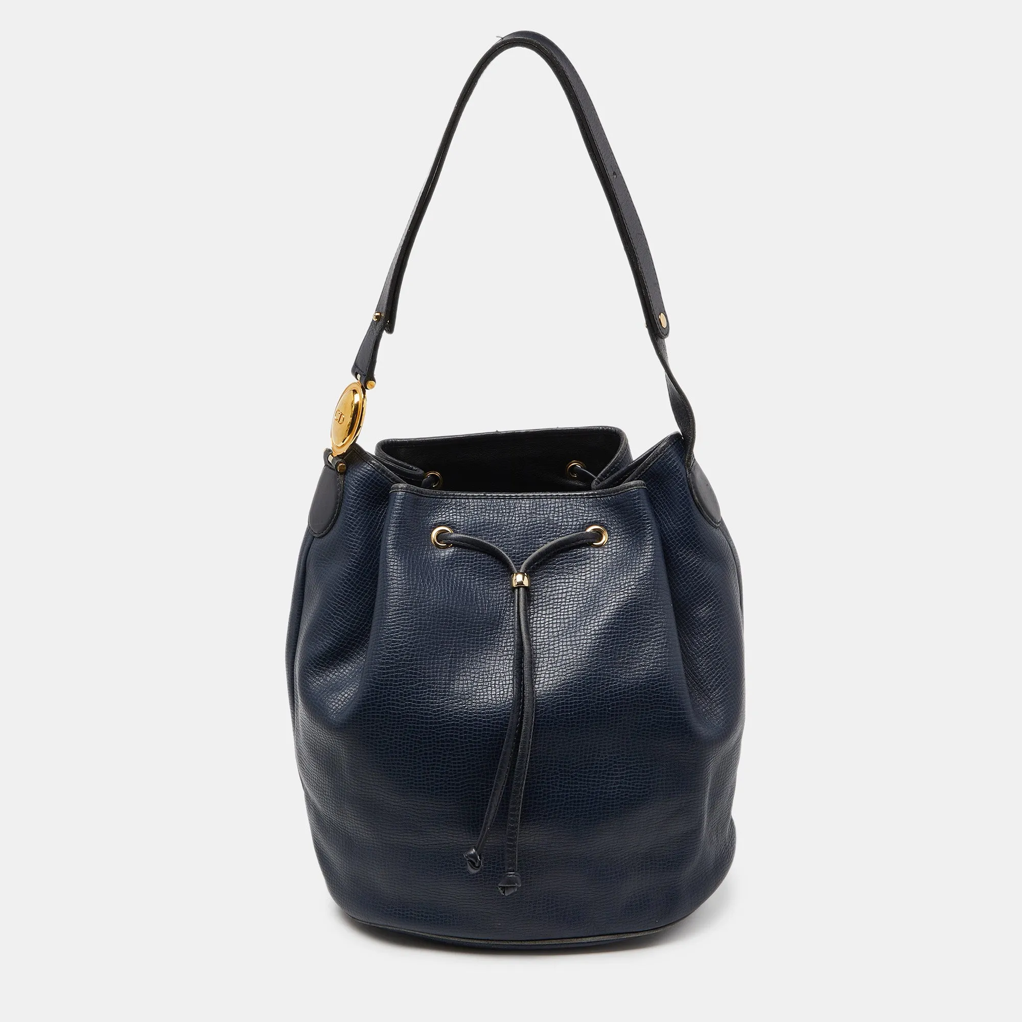 Blue Leather String Bucket Bag