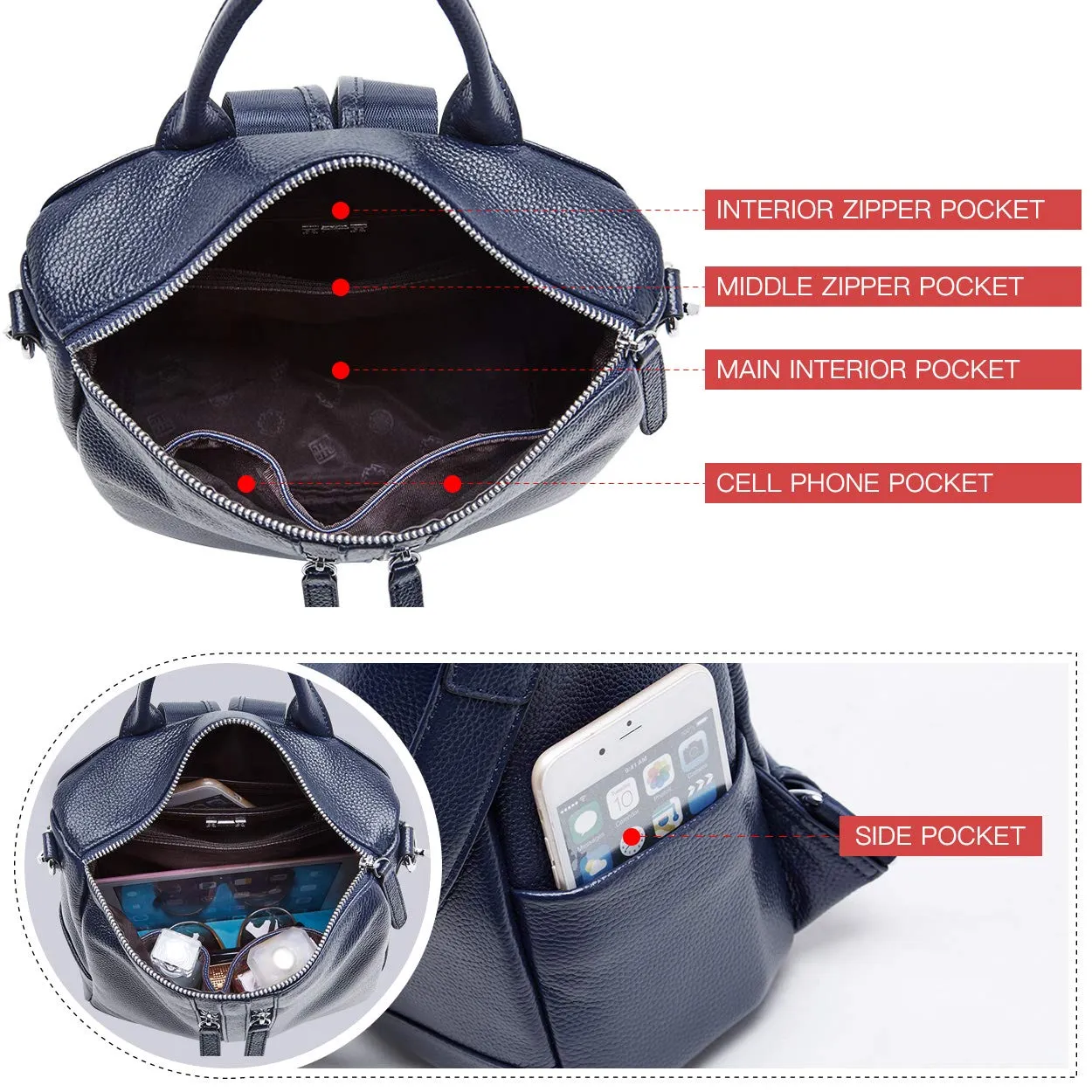 BOYATU Convertible Genuine Leather Backpack Purse for Women Fashion Travel Bag Blue-03