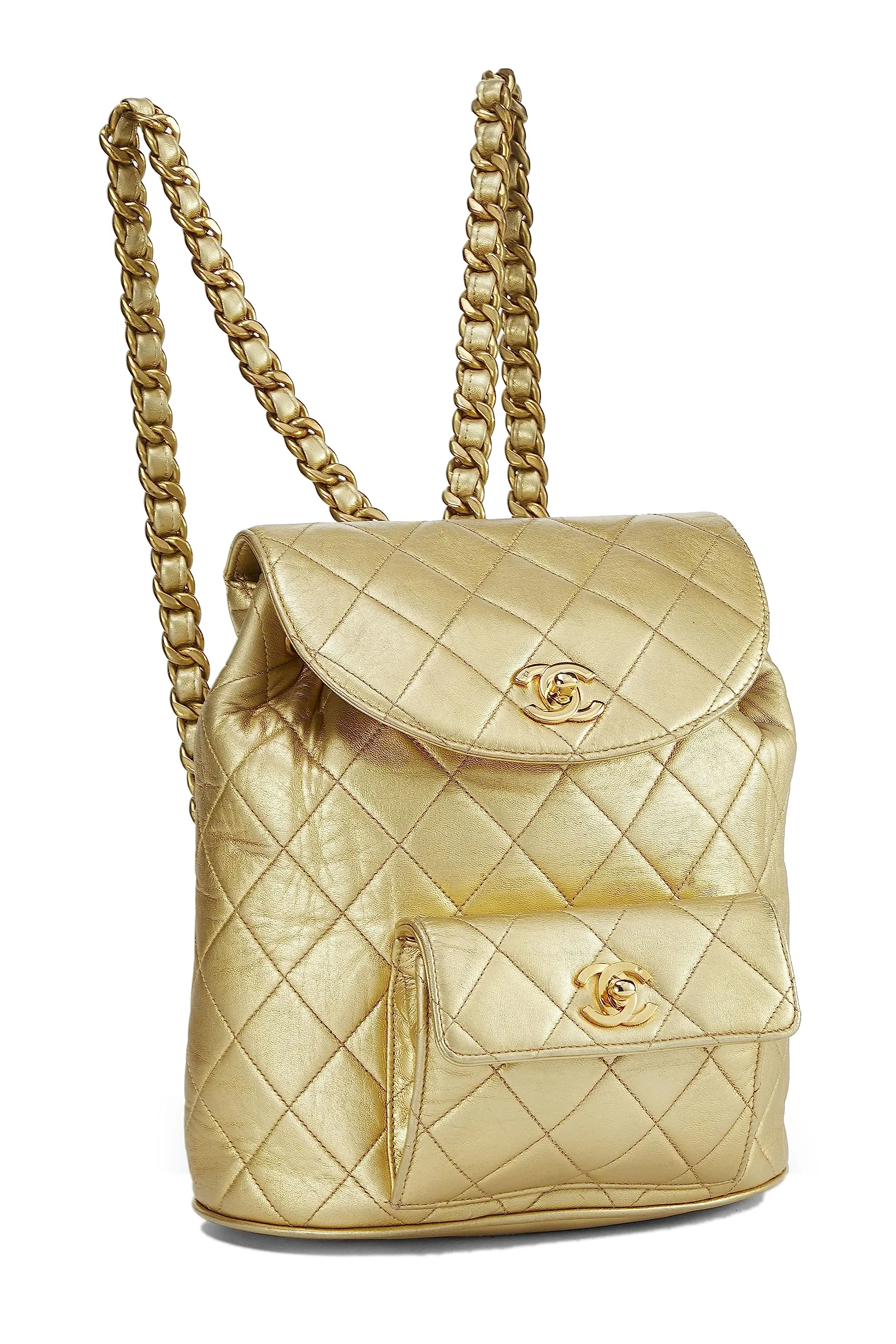 Chanel,  Metallic Gold Quilted Leather Classic Backpack Mini, Gold