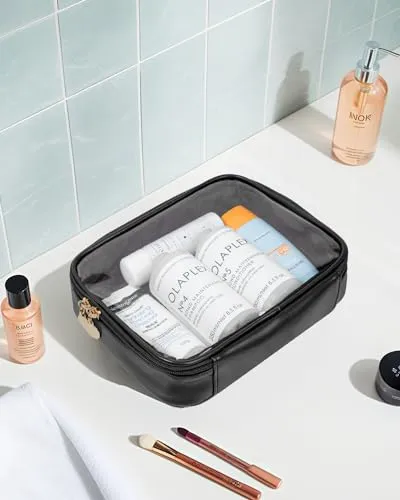 Clear Makeup Bags - TSA Approved Toiletry Bag with Handle Large Opening, Clear Toiletry Bags for Traveling Travel Essentials Travel Size Toiletries Car Accessories for Women (Large Black)