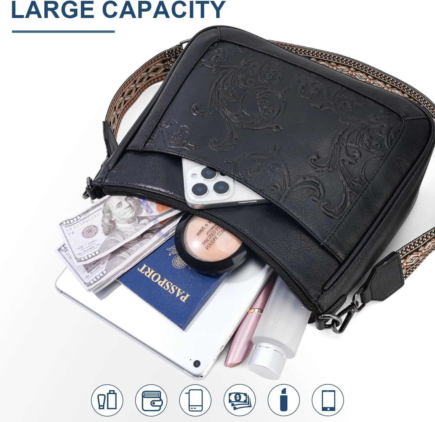 Crossbody Bags for Women,Vegan Leather Crossbody Purse with Adjustable Strap Embossed Flower Women's Shoulder Handbags