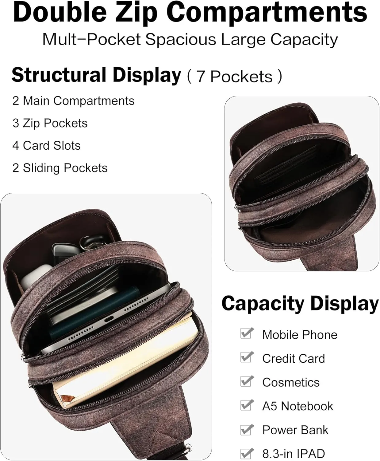 FADEON Sling Bags for Women Crossbody Bags, Designer PU Leather Sling Purse Multi-Pocket Packs with Card Slot Coffee Brown