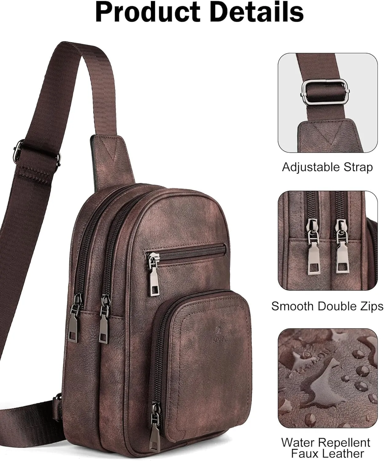 FADEON Sling Bags for Women Crossbody Bags, Designer PU Leather Sling Purse Multi-Pocket Packs with Card Slot Coffee Brown