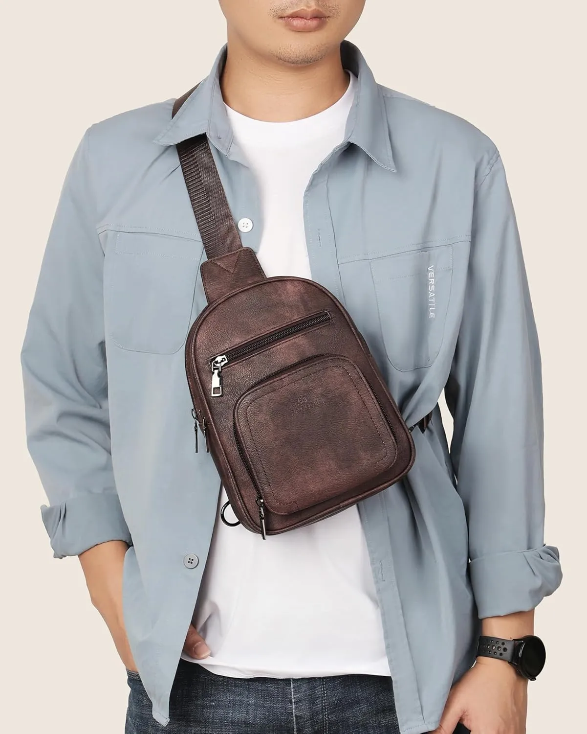 FADEON Sling Bags for Women Crossbody Bags, Designer PU Leather Sling Purse Multi-Pocket Packs with Card Slot Coffee Brown