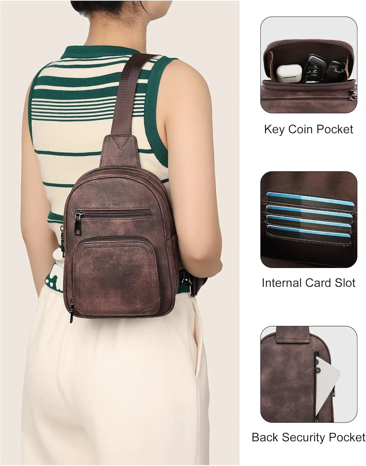 FADEON Sling Bags for Women Crossbody Bags, Designer PU Leather Sling Purse Multi-Pocket Packs with Card Slot Coffee Brown