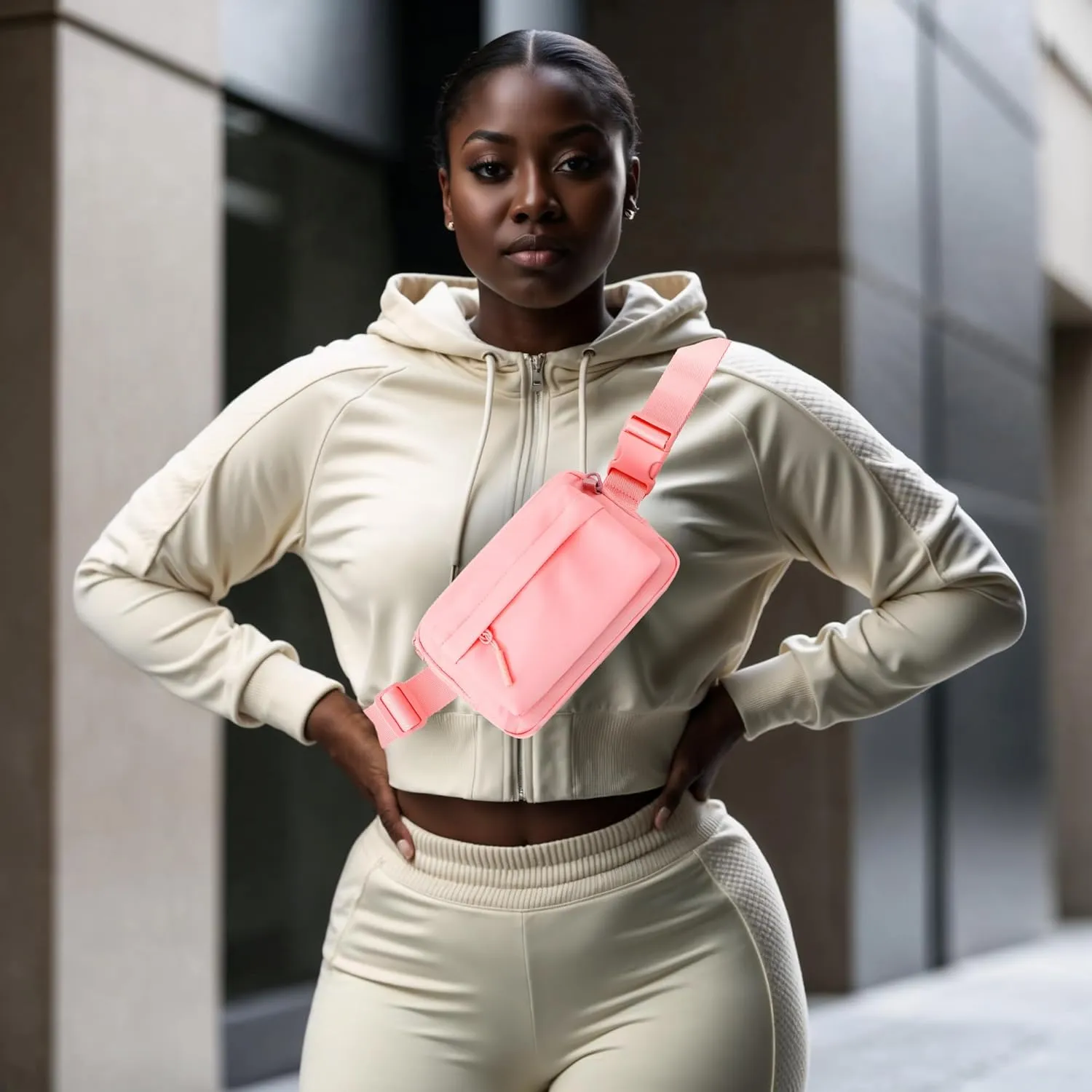 FORZAROCKET Essential  Belt Bag w/Long Strap 70"  Double Compartment  Crossbody Bag w/Extended Strap  Fanny Pack for Women Men  Two-Way Zipper Sling Bag  Travel & Plus Size Friendly, Light Pink