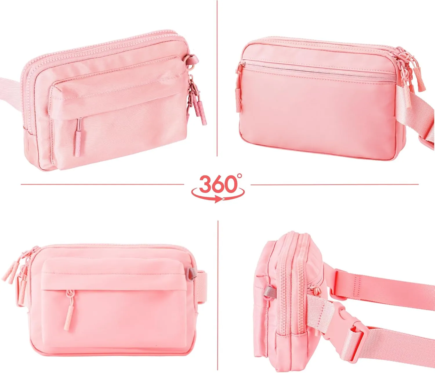 FORZAROCKET Essential  Belt Bag w/Long Strap 70"  Double Compartment  Crossbody Bag w/Extended Strap  Fanny Pack for Women Men  Two-Way Zipper Sling Bag  Travel & Plus Size Friendly, Light Pink