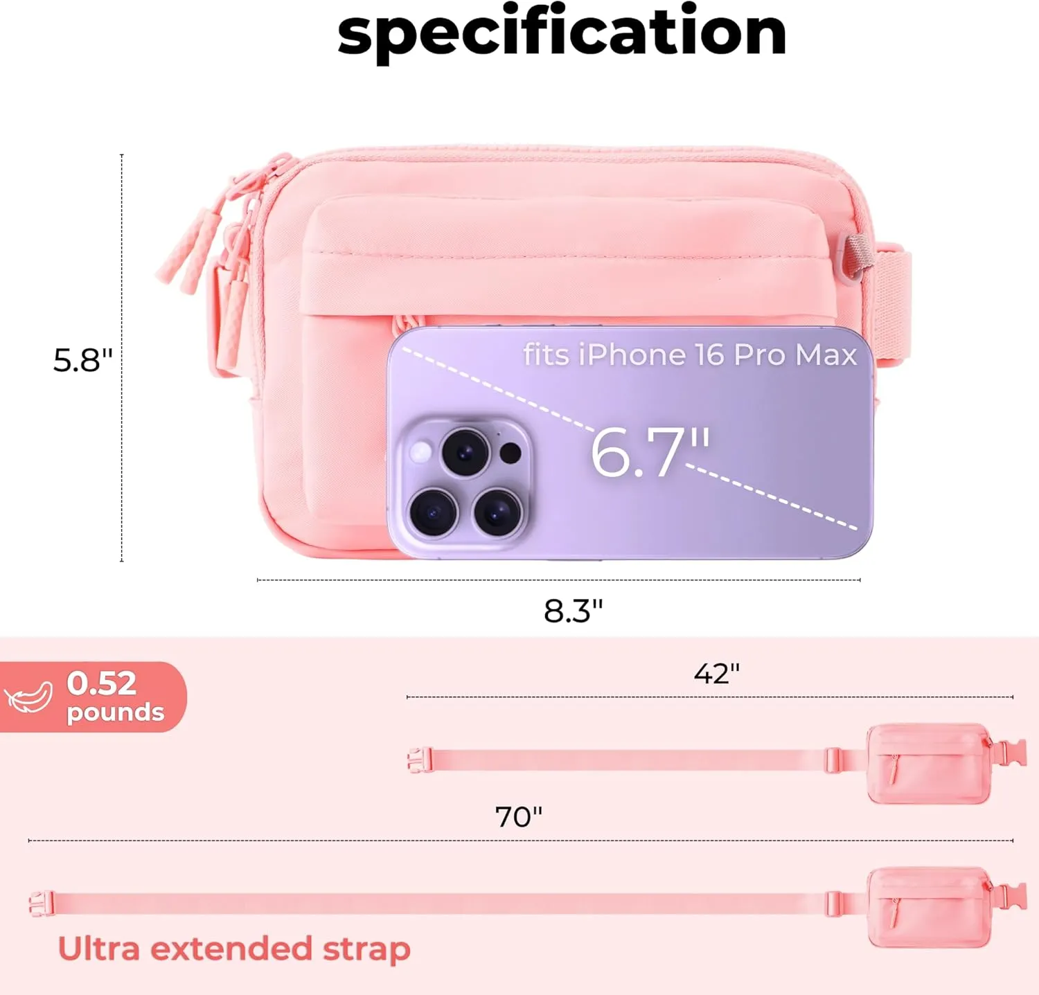 FORZAROCKET Essential  Belt Bag w/Long Strap 70"  Double Compartment  Crossbody Bag w/Extended Strap  Fanny Pack for Women Men  Two-Way Zipper Sling Bag  Travel & Plus Size Friendly, Light Pink