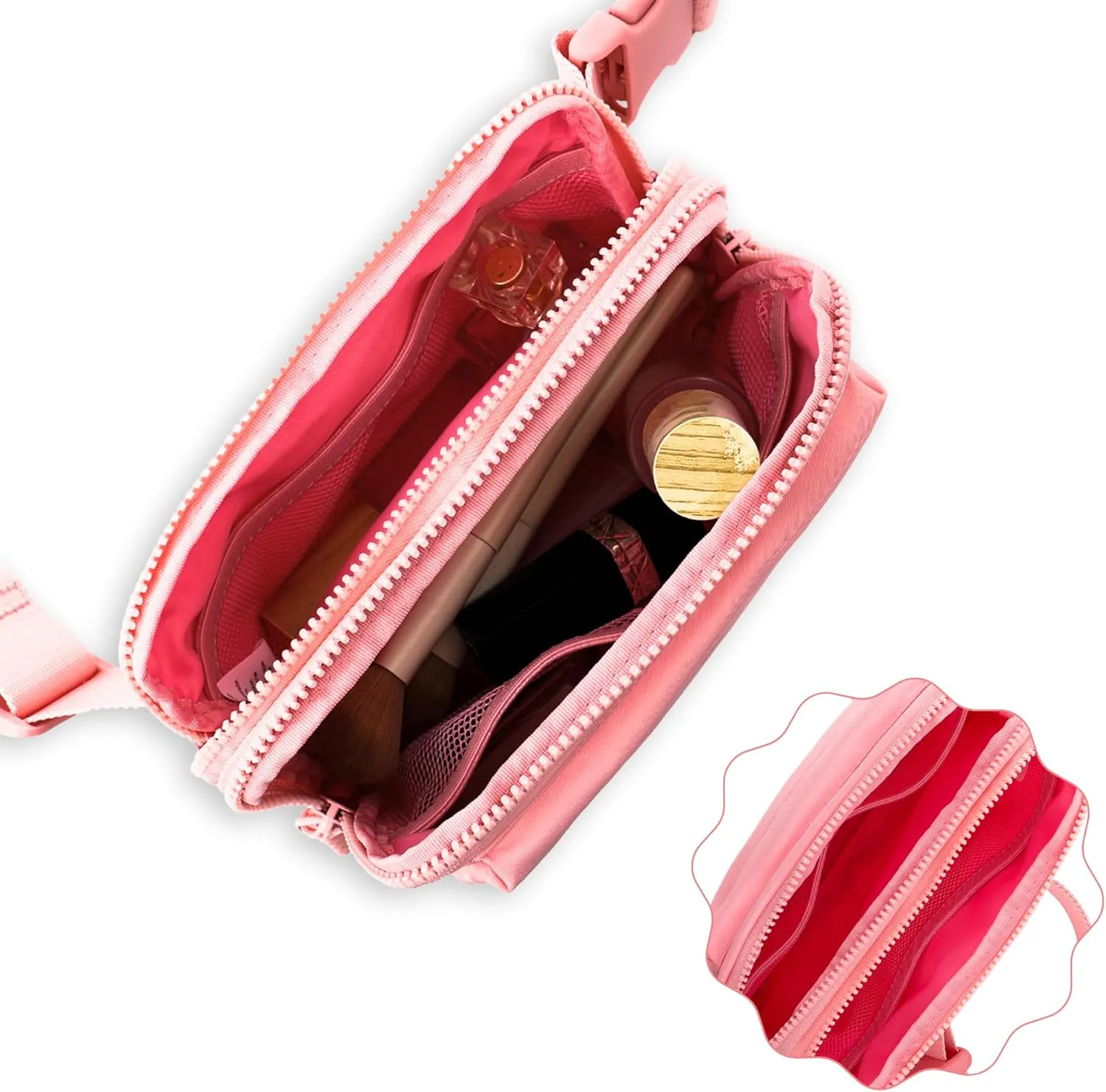 FORZAROCKET Essential  Belt Bag w/Long Strap 70"  Double Compartment  Crossbody Bag w/Extended Strap  Fanny Pack for Women Men  Two-Way Zipper Sling Bag  Travel & Plus Size Friendly, Light Pink