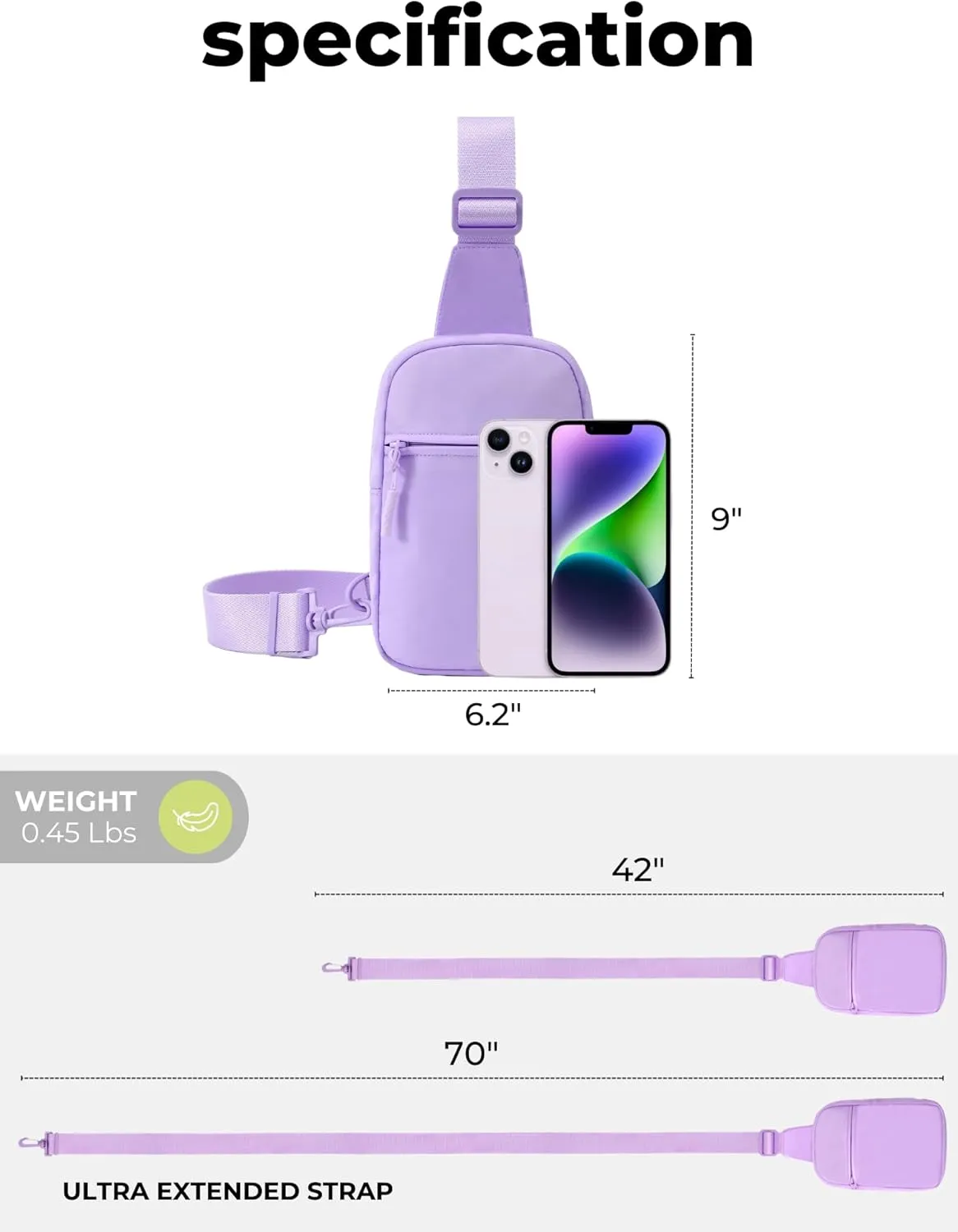 FORZAROCKET Ultralight Sling Bag w/Long Strap 70"  Small Crossbody Bag w/Extended Strap  Women Men Fanny Pack w/Anti-Theft Pocket  Two-Way Durable Zipper  Travel & Plus Size Friendly, Light Purple