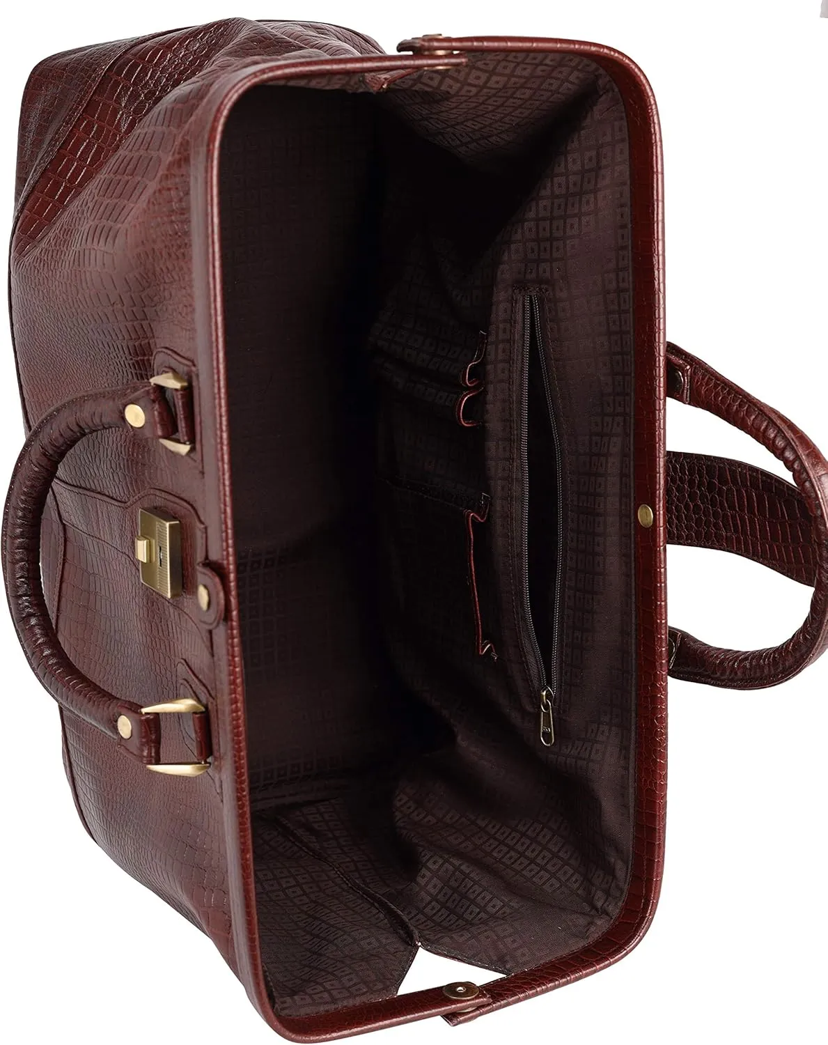 Full Grain Leather Duffel Luggage Travel Bag For Men And Women Travelling Holiday Overnight Weekend Cabin Duffel Foldable (Croc Brown)