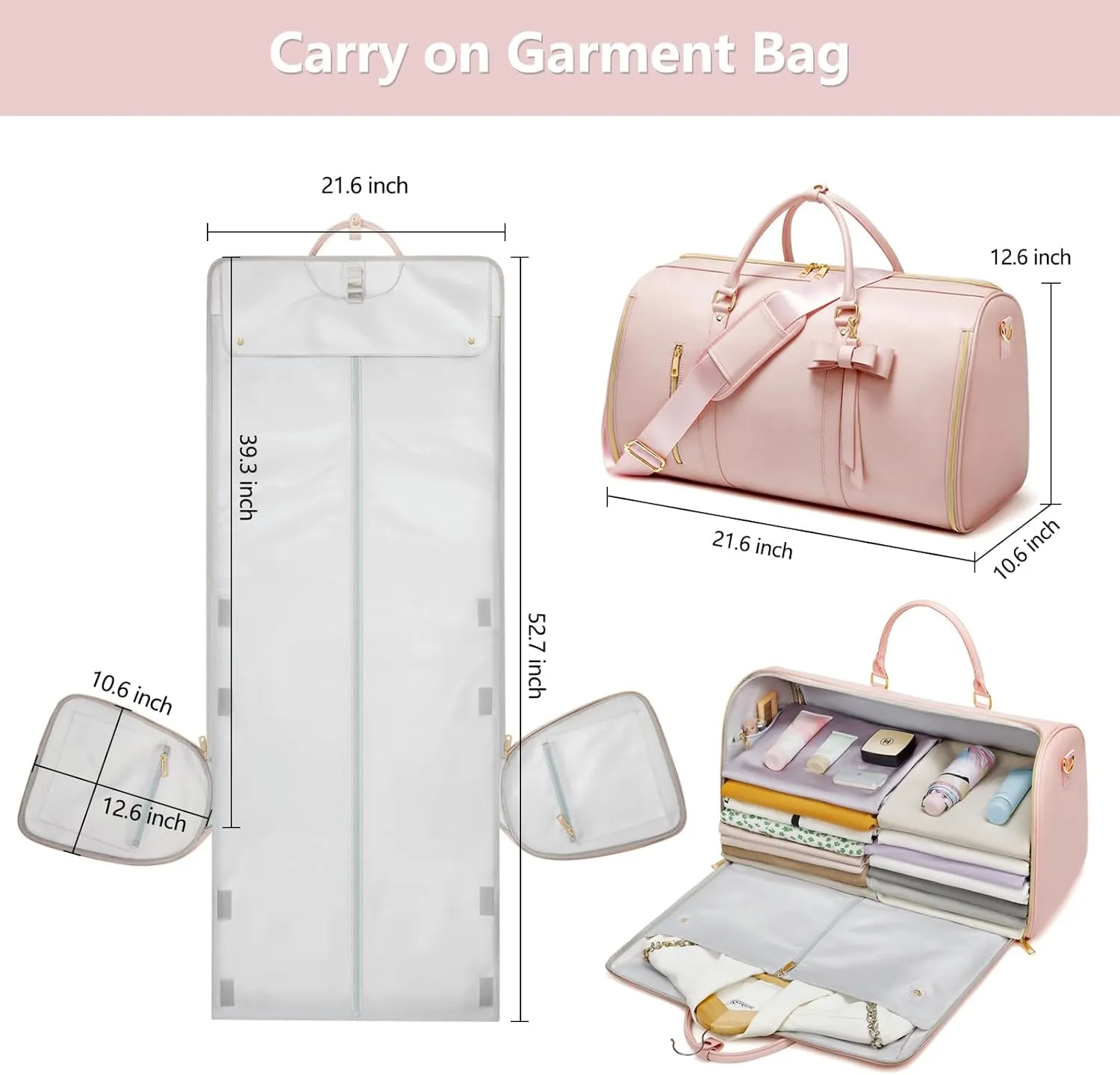 Garment Bags for Travel, Convertible Suit Travel Bag for Women, Fashion & Cute Carry On Garment Bag w/Shoes Pouch, 2 in 1 Foldable PU Leather Hanging Duffle Bag, Single-Zipper Design, Pink