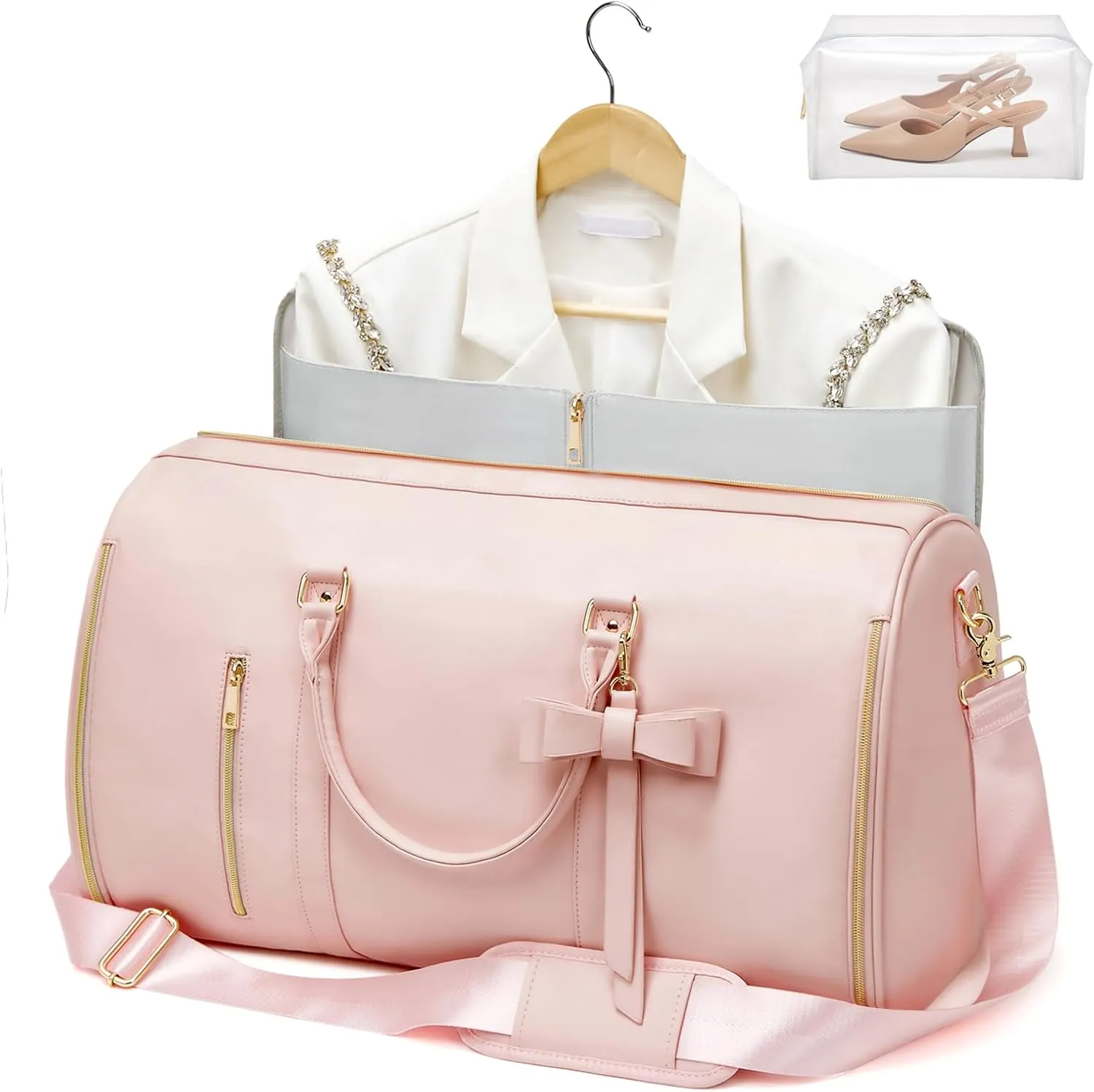 Garment Bags for Travel, Convertible Suit Travel Bag for Women, Fashion & Cute Carry On Garment Bag w/Shoes Pouch, 2 in 1 Foldable PU Leather Hanging Duffle Bag, Single-Zipper Design, Pink