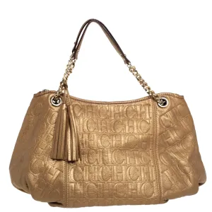 Golden Brown Monogram Embossed Leather Tassel Hobo