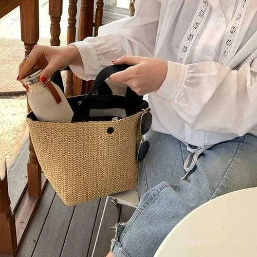 large capacity rattan beach straw wicker bag fabric handle tote