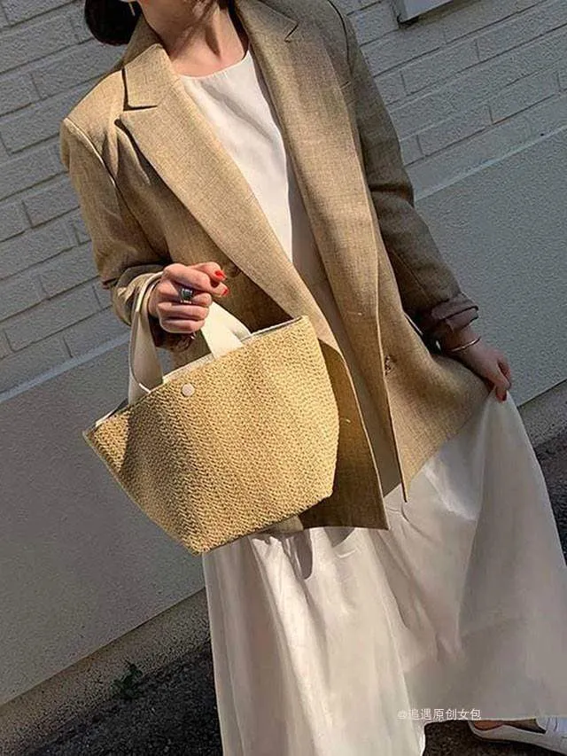 large capacity rattan beach straw wicker bag fabric handle tote