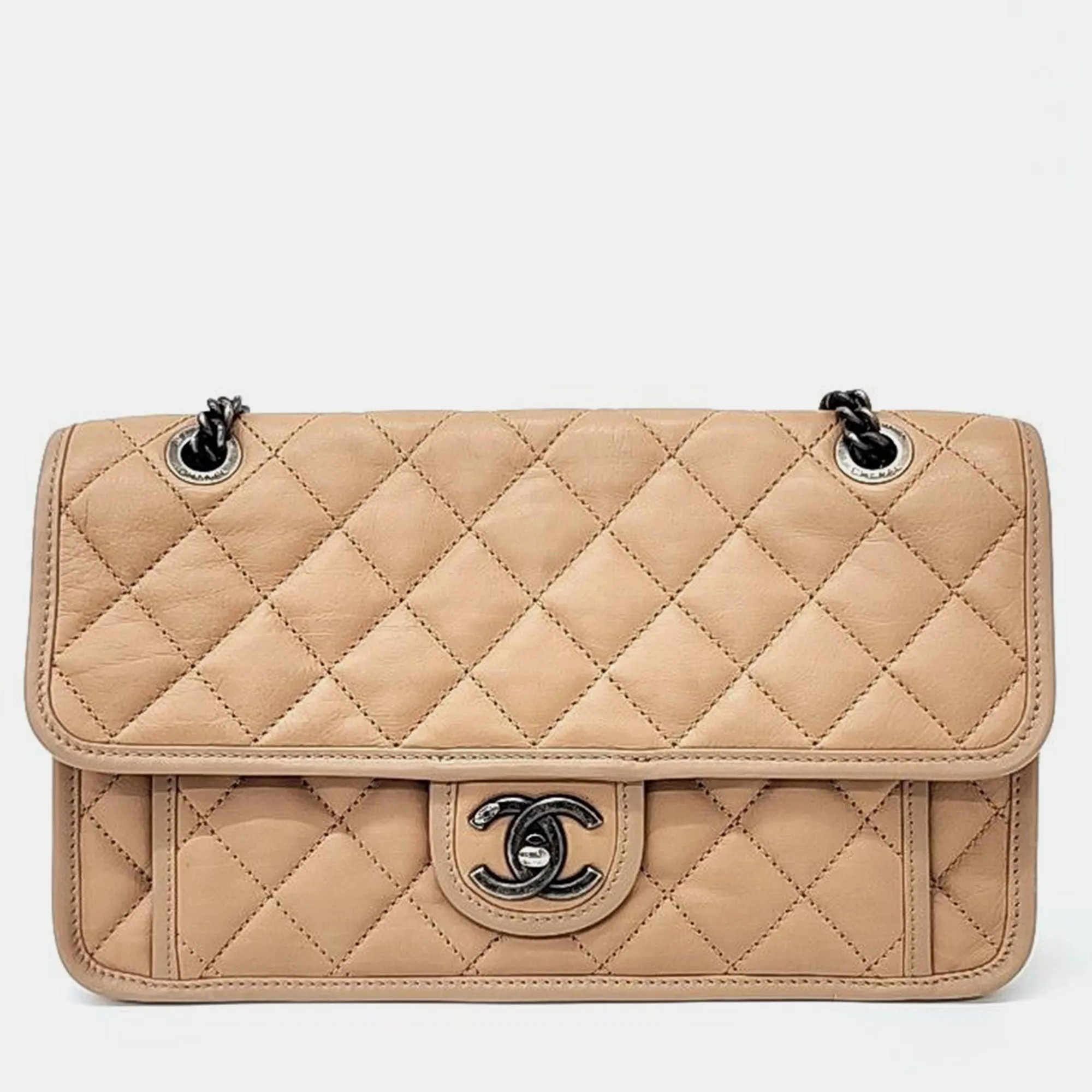 Leather Beige Flap Chain Bag