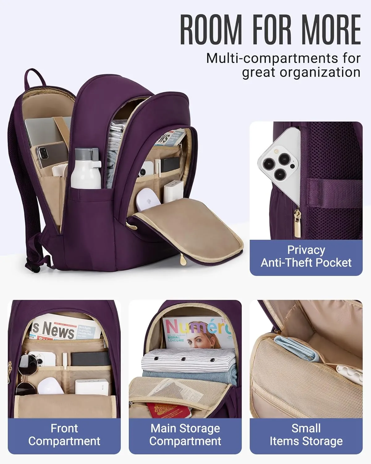 LIGHT FLIGHT Travel Backpacks Laptop Backpack for Women 15.6 inches Computer Bags for Work Travel College, Gifts for Women, Purple