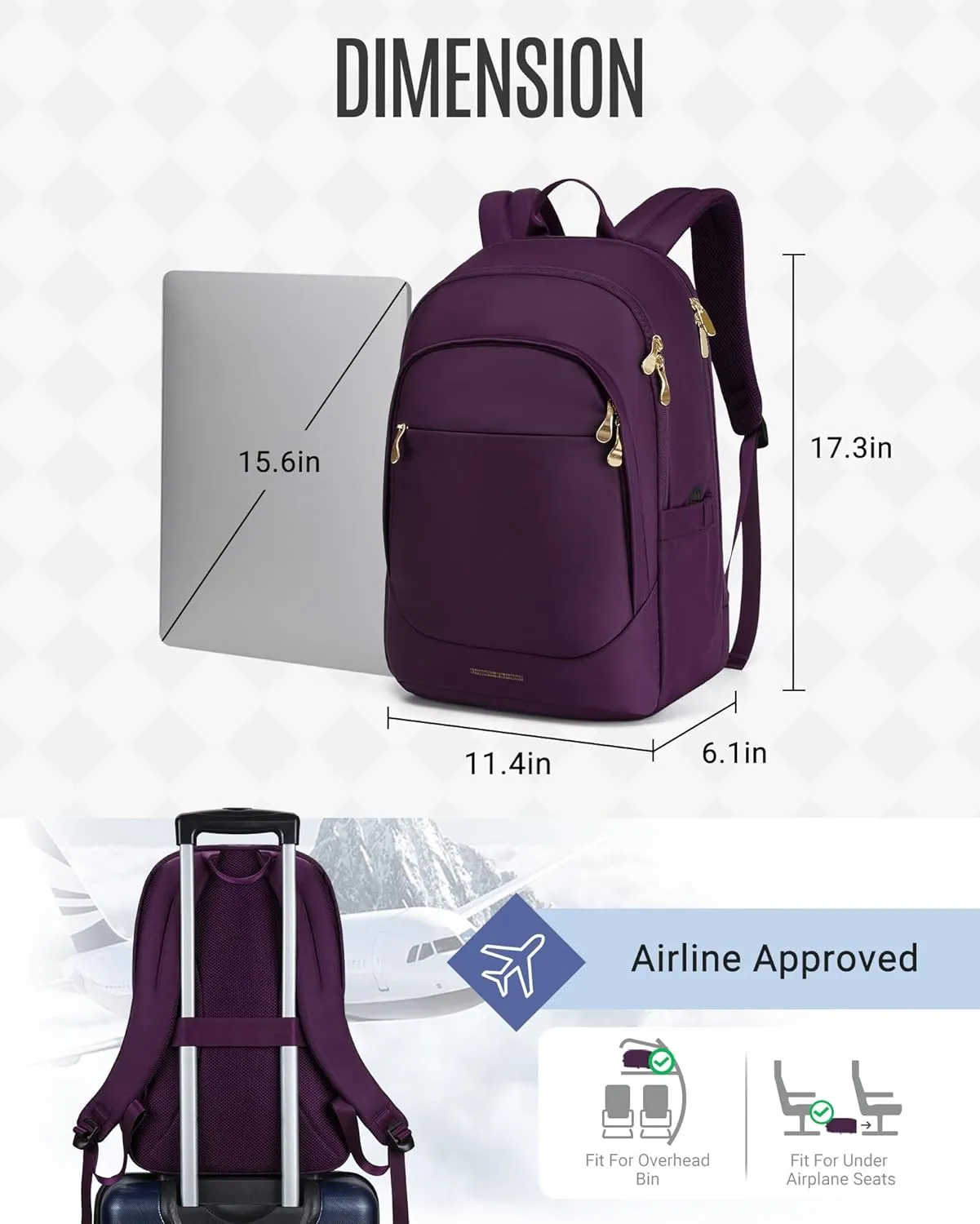 LIGHT FLIGHT Travel Backpacks Laptop Backpack for Women 15.6 inches Computer Bags for Work Travel College, Gifts for Women, Purple