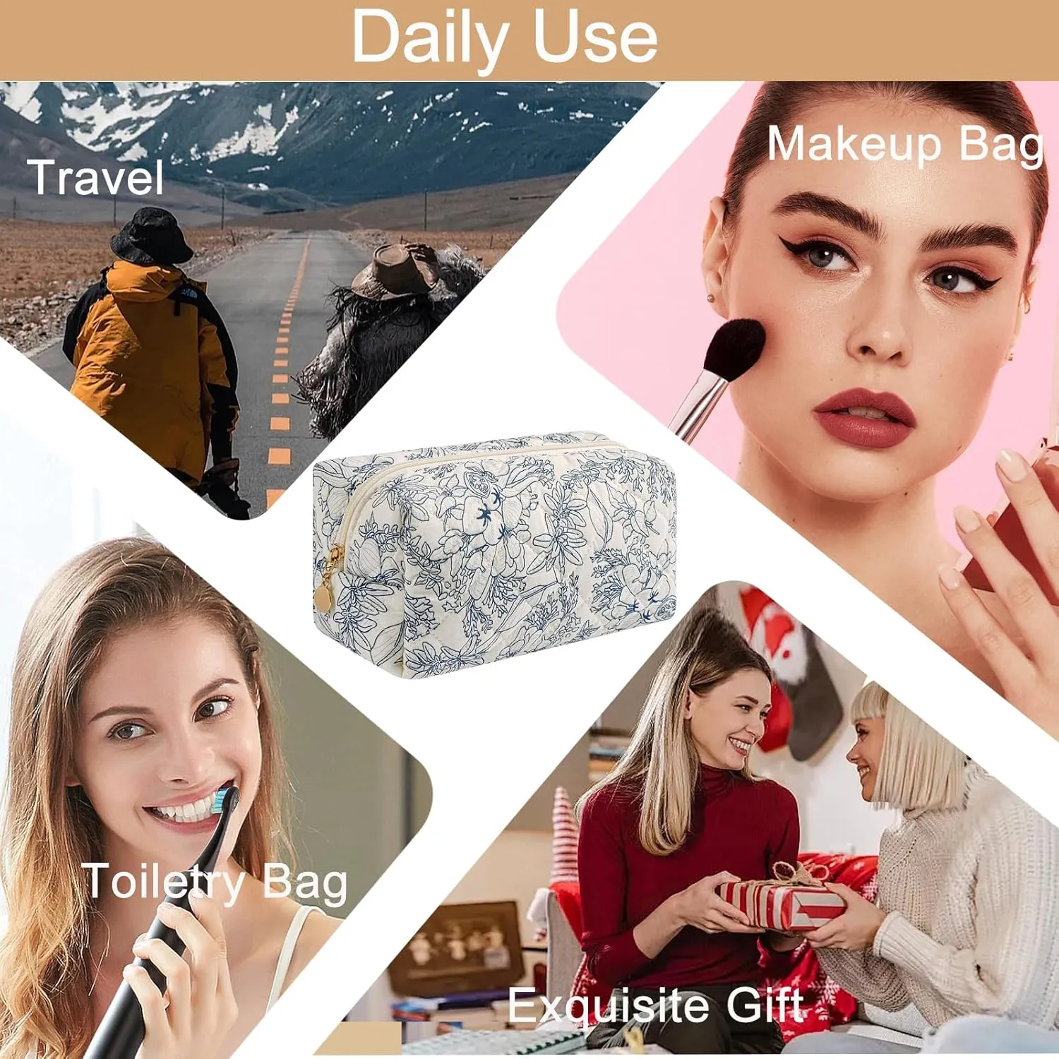 Makeup Bag Travel Cosmetic Bag for Women Girls, Zipper Make Up Pouch, Floral Flowers Toiletry Organizer Makeup, Portable Storage Bag, Cosmetic Travel Cloth Bag (Navy Blue Flower)