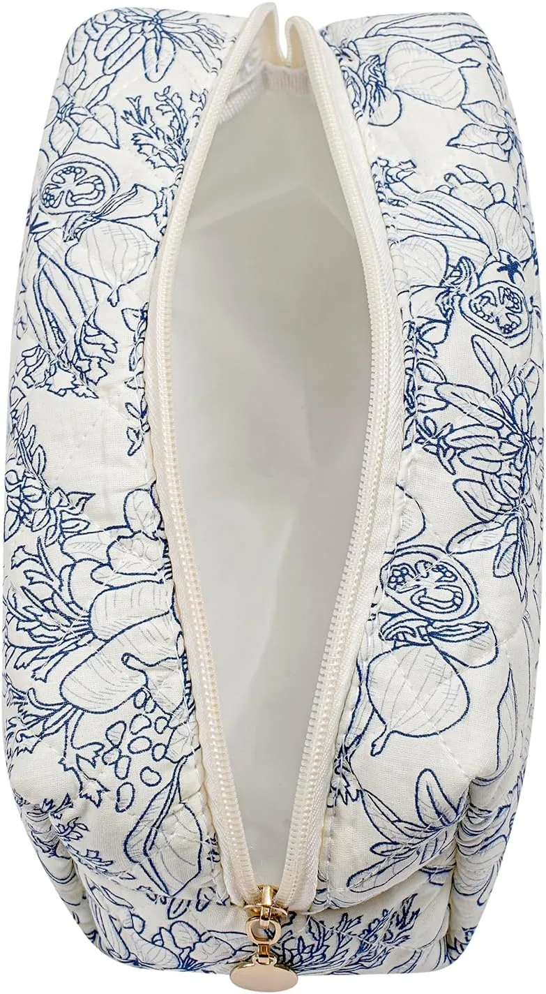 Makeup Bag Travel Cosmetic Bag for Women Girls, Zipper Make Up Pouch, Floral Flowers Toiletry Organizer Makeup, Portable Storage Bag, Cosmetic Travel Cloth Bag (Navy Blue Flower)