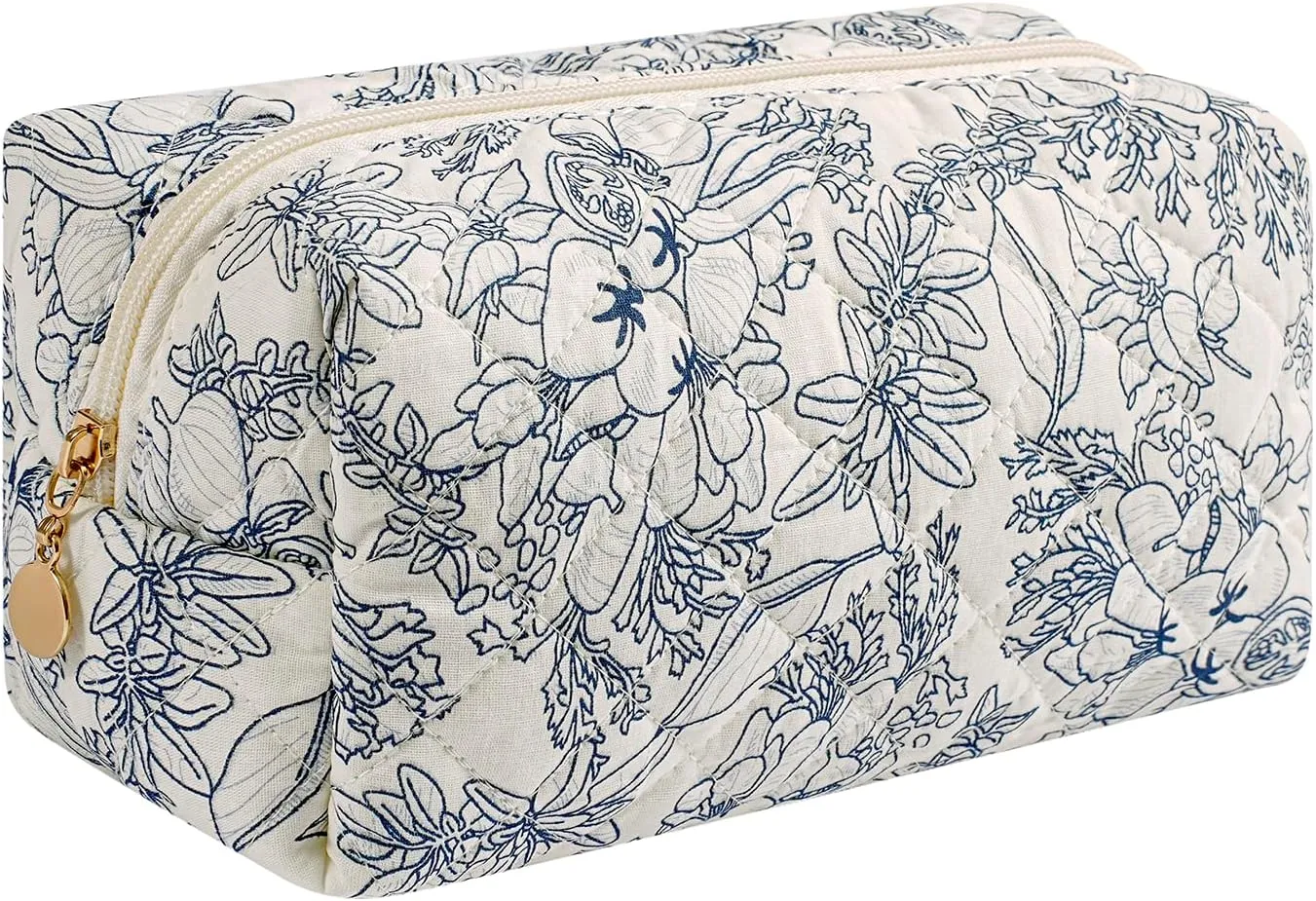 Makeup Bag Travel Cosmetic Bag for Women Girls, Zipper Make Up Pouch, Floral Flowers Toiletry Organizer Makeup, Portable Storage Bag, Cosmetic Travel Cloth Bag (Navy Blue Flower)