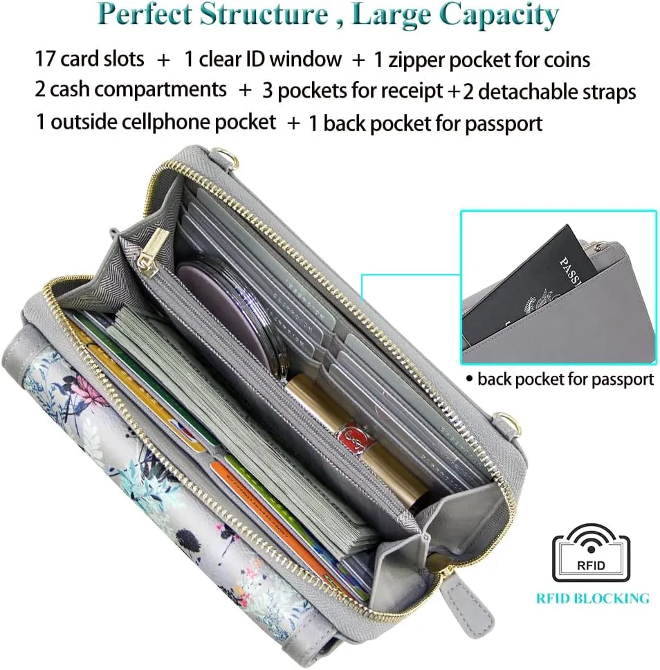 Peacocktion Crossbody Wristlet Wallets for Women RFID Vegan Leather Cross Body Cell Phone Purses with Zipper