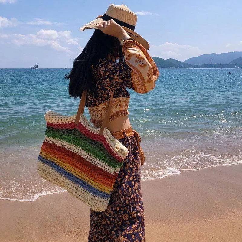 Rainbow color beach bag rattan handmade knitted straw large capacity leather tote
