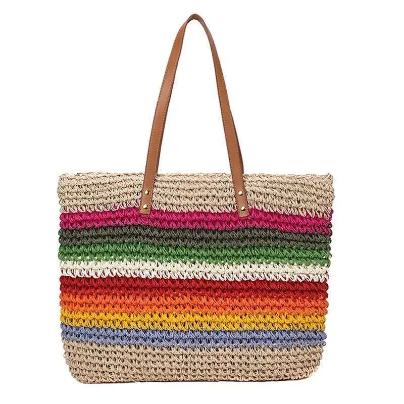 Rainbow color beach bag rattan handmade knitted straw large capacity leather tote
