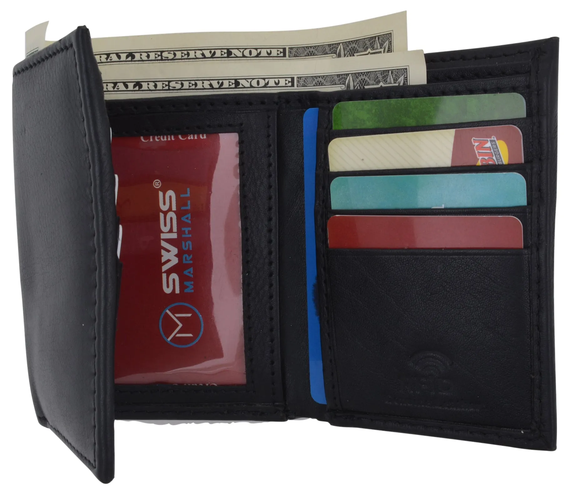 RFID Blocking Premium Leather Black Classic Trifold Credit Card ID Wallet Box
