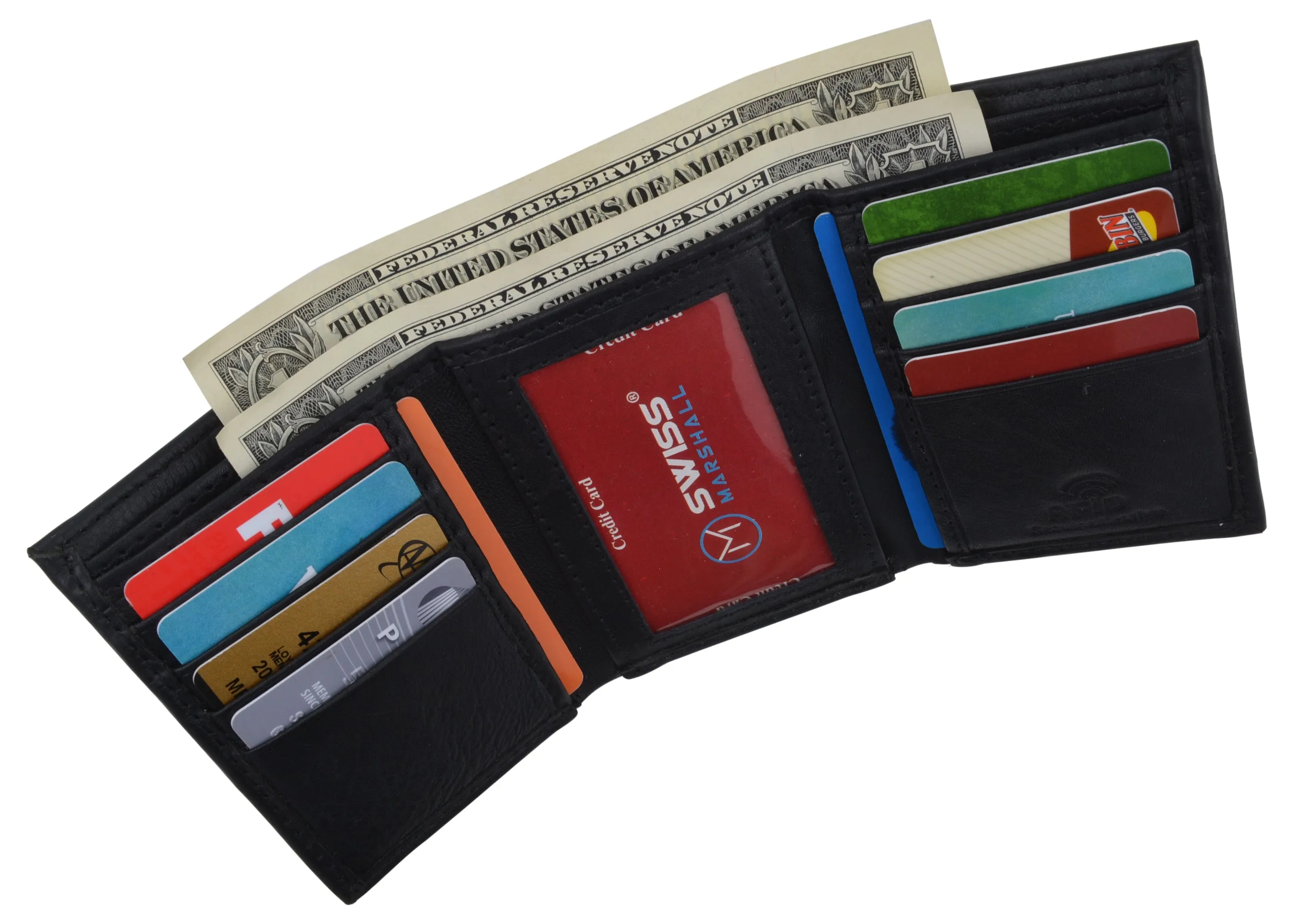 RFID Blocking Premium Leather Black Classic Trifold Credit Card ID Wallet Box